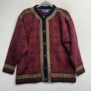 Icewear 100% Wool Knit Nordic Fair Isle Cardigan Sweater Red Black L Snowflake